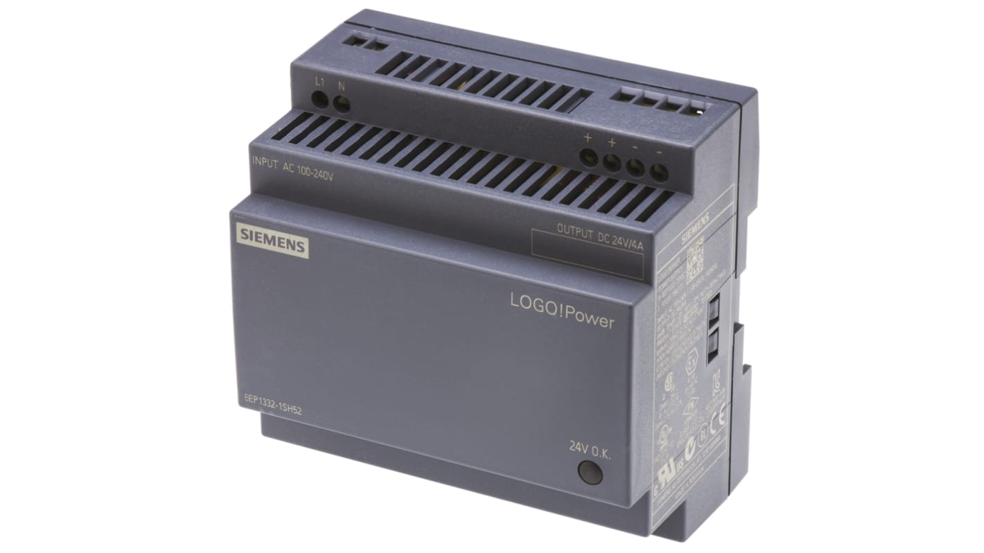 Siemens LOGO!POWER Switch Mode DIN Rail Panel Mount Power Supply, 100 → 240V ac ac Input, 24V dc dc Output, 4A