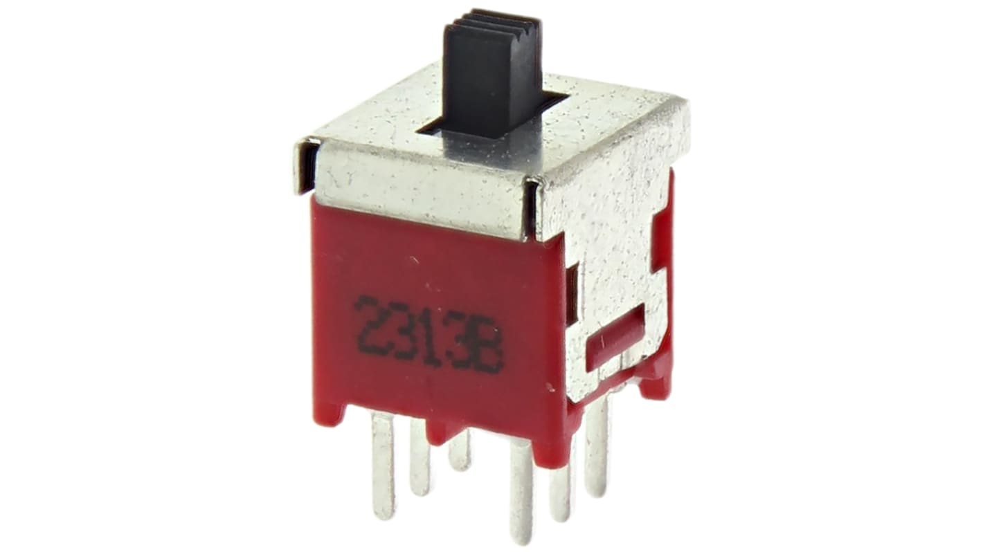 Interruptor de actuador deslizante DPDT, On-Off-On, 3 A a 120 V ac, actuador superior, Montaje en PCB