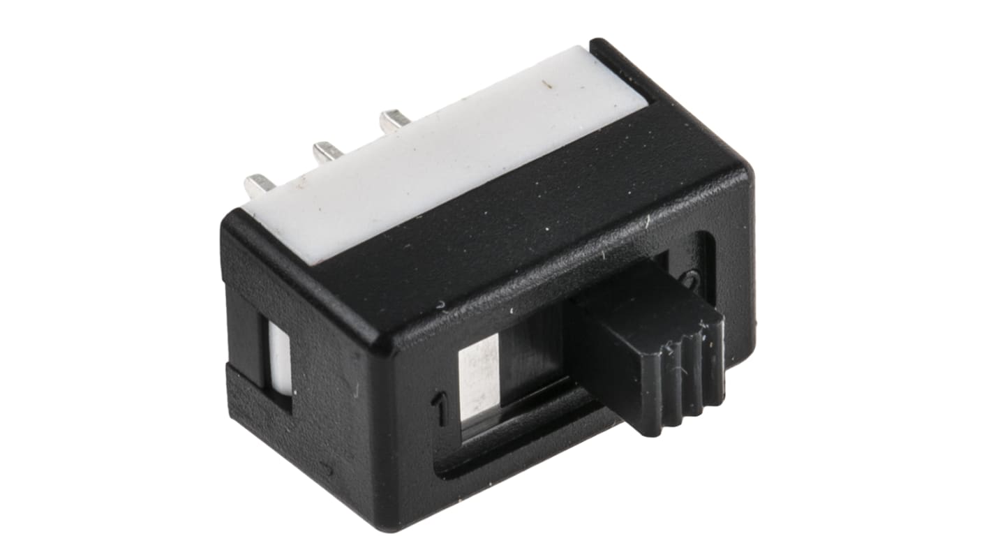 Interruptor de actuador deslizante SPDT, Enclavamiento, 3 A a 120 V ac, actuador superior, Montaje en PCB