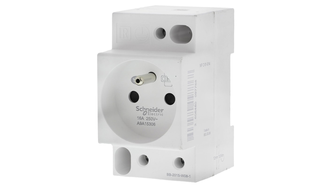 Toma Schneider Electric de 2P+E de color Blanco, 250 V ac, Carril DIN