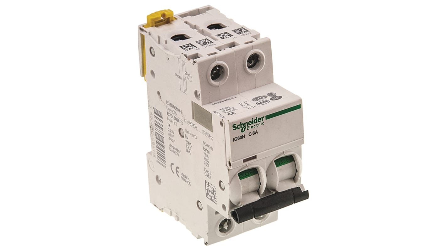 Disjoncteur Schneider Electric iC60N 2P, 6A, pouvoir de coupure 6 kA, montage rail DIN