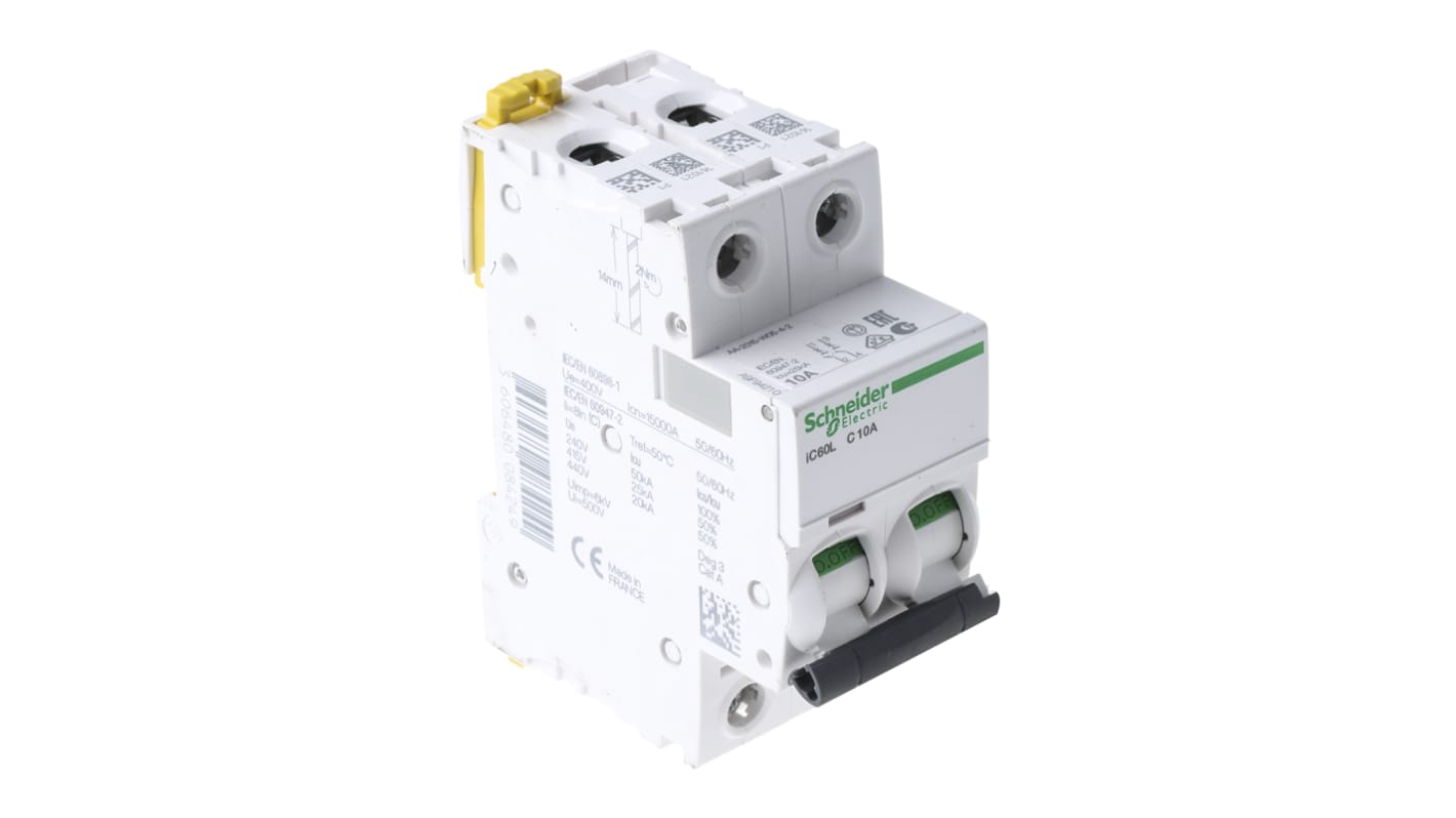 Schneider Electric Acti 9 iC60L MCB, 2P, 10A Curve C, 100 → 130V AC, 12 → 144V DC, 10 kA Breaking Capacity