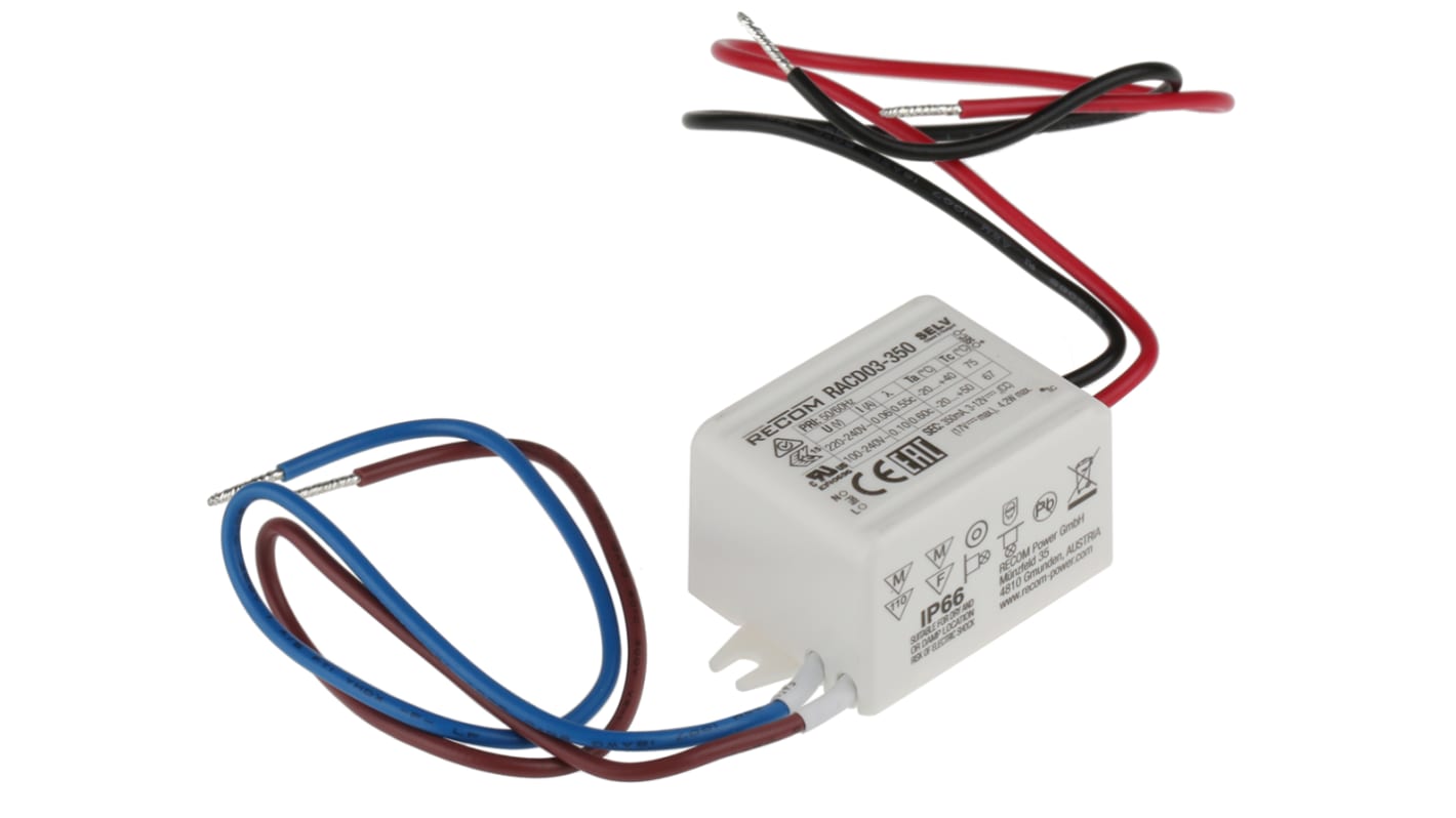 Recom LED Driver, 3 → 15V dc Output, 3W Output, 350mA Output, Constant Current / Constant Voltage