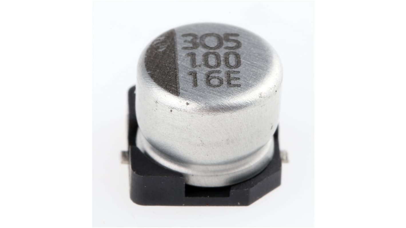 Condensador electrolítico NIC Components serie NACE, 100μF, ±20%, 16V dc, mont. SMD, 6.3 (Dia.) x 5.5mm, paso 2.2mm