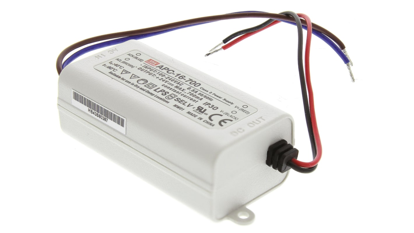 Driver LED corriente constante MEAN WELL, IN: 127 → 370 V dc, 90 → 264 V ac, OUT: 9 → 24V, 700mA,
