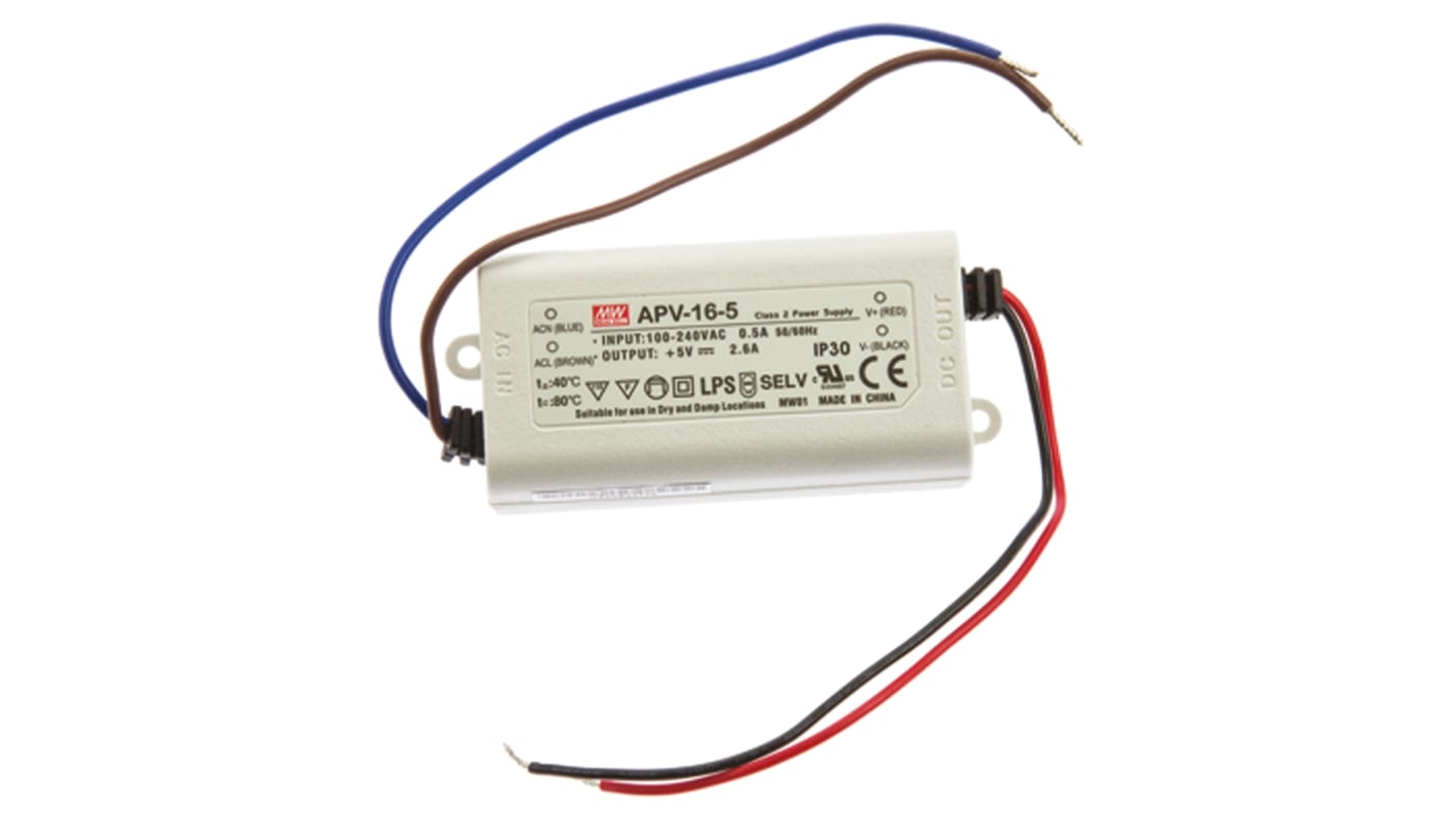 MEAN WELL LED Driver, 5V Output, 13W Output, 2.6A Output, Constant Voltage