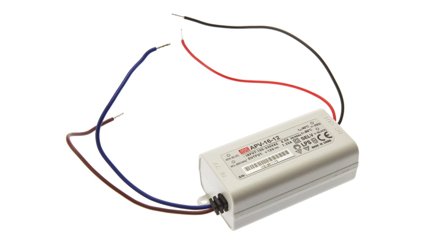 Driver LED tensión constante MEAN WELL de salidas, IN: 127 → 370 V dc, 90 → 264 V ac, OUT: 12V, 1.25A,