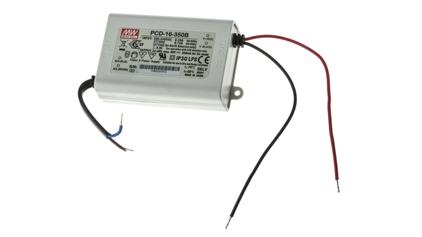 Driver LED corriente constante MEAN WELL, IN: 180 → 295 V ac, OUT: 24 → 48V, 350mA, 16.8W, regulable, IP42