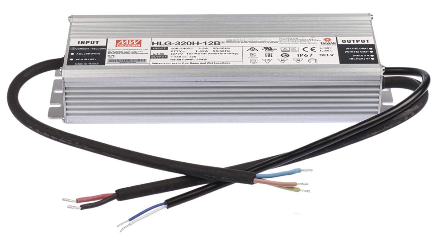 Driver LED tensión constante MEAN WELL, IN: 127 → 431 V dc, 90 → 305 V ac, OUT: 12V, 22A, 264W,