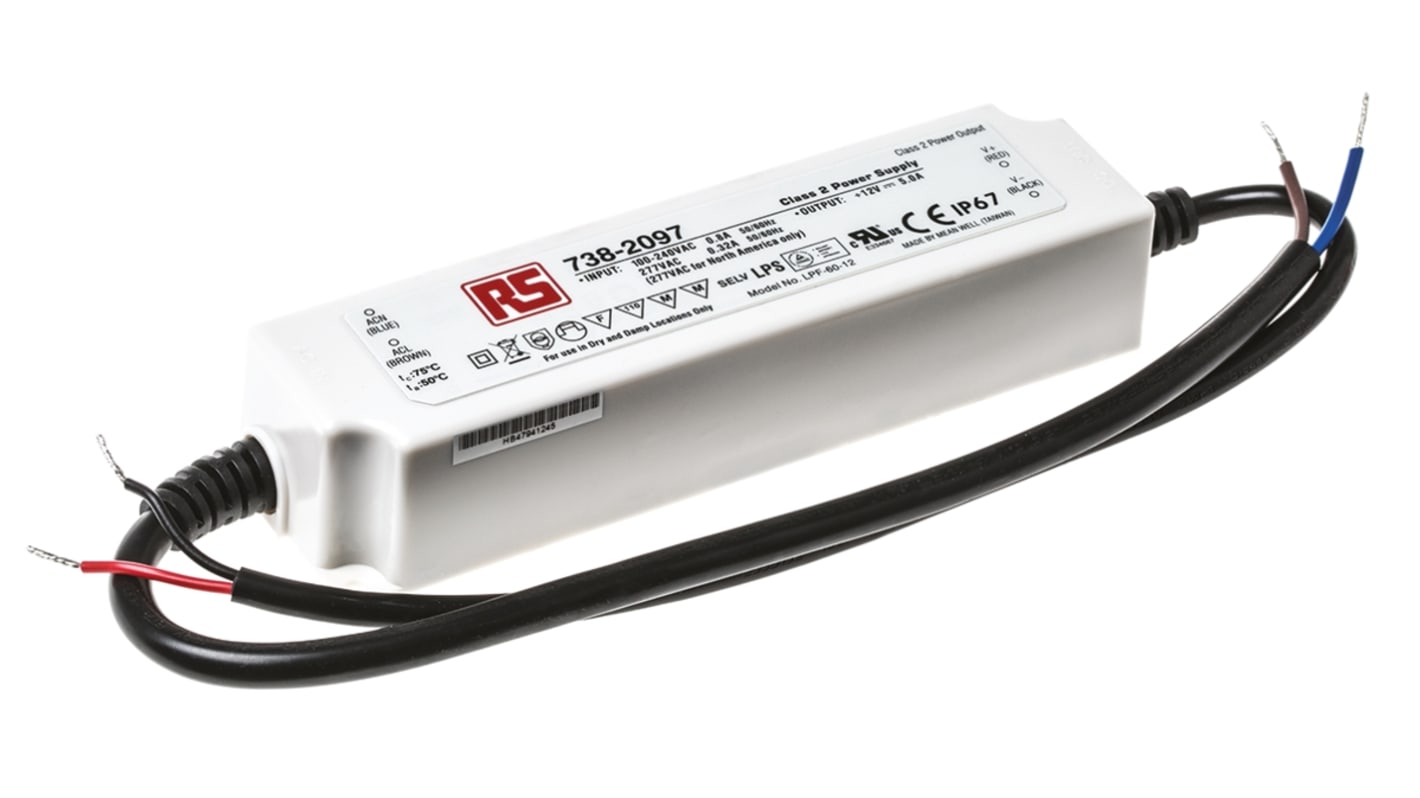 Driver LED tensión constante MEAN WELL de salidas, IN: 127 → 431 V dc, 90 → 305 V ac, OUT: 12V, 5A, 60W,