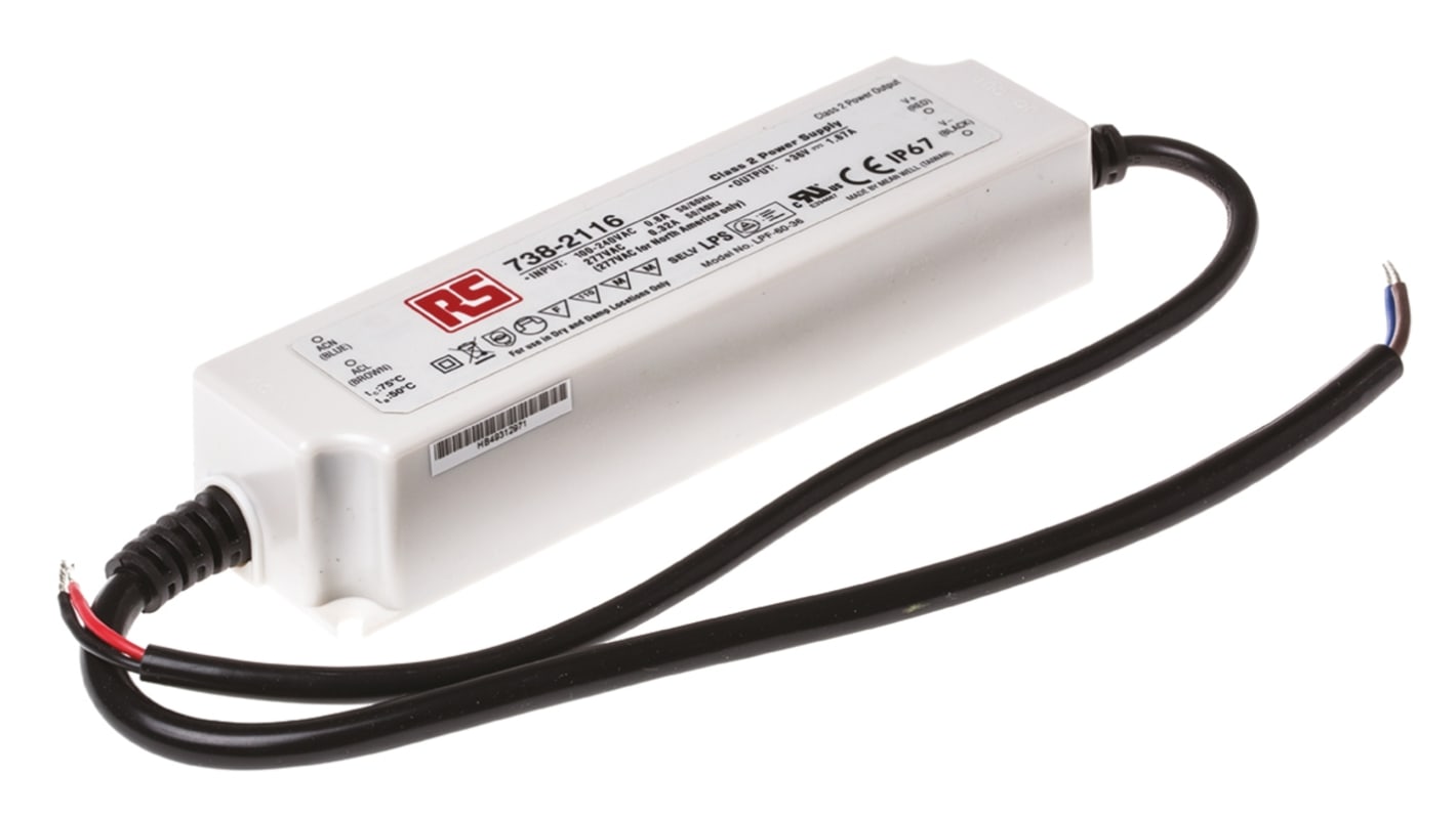 Driver LED tensión constante MEAN WELL de salidas, IN: 127 → 431 V dc, 90 → 305 V ac, OUT: 36V, 1.67A,