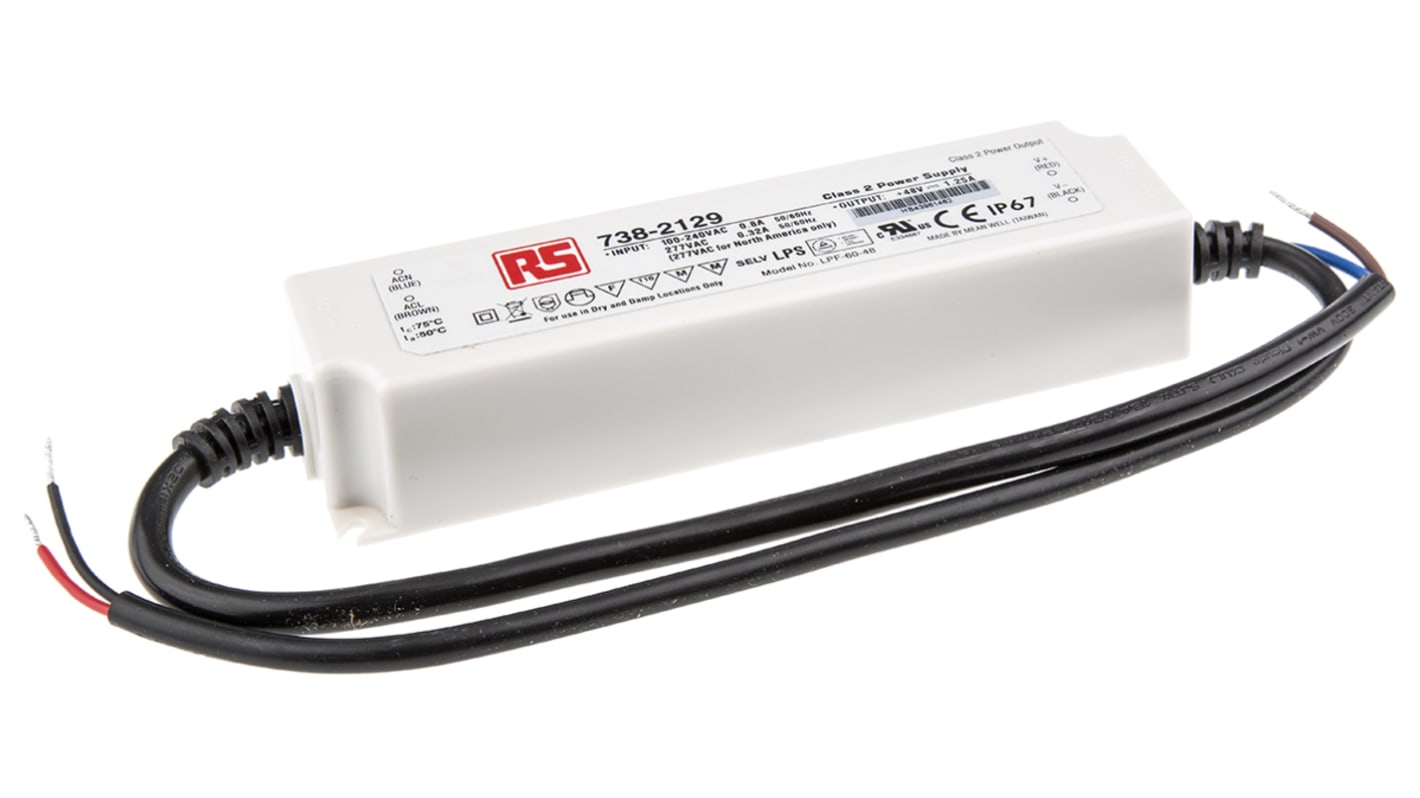 Driver LED tensión constante MEAN WELL de salidas, IN: 127 → 431 V dc, 90 → 305 V ac, OUT: 48V, 1.25A,