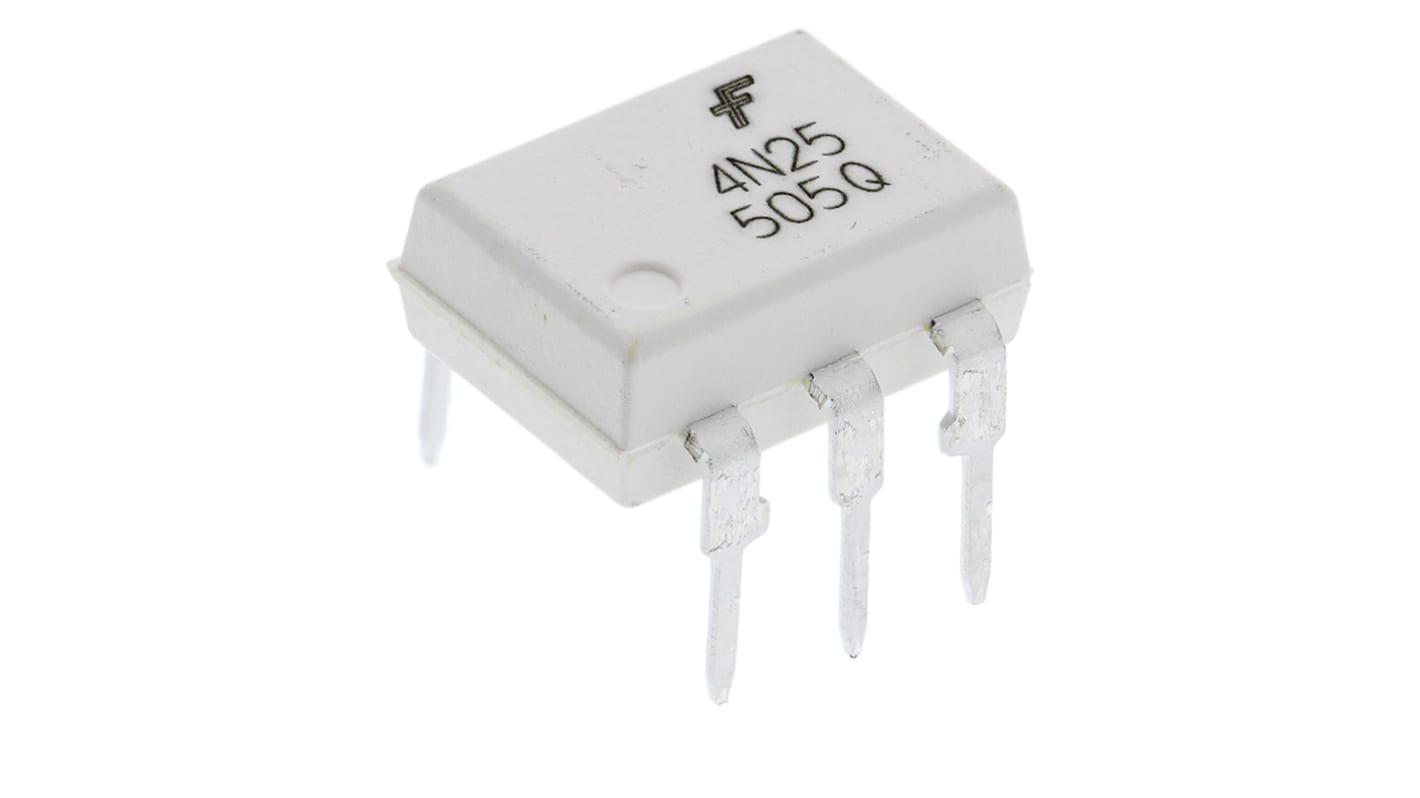 Optoacoplador onsemi 4N25 de 1 canal, Vf= 1.5V, Viso= 4,17 kVrms, IN. DC, OUT. Transistor, mont. pasante, encapsulado