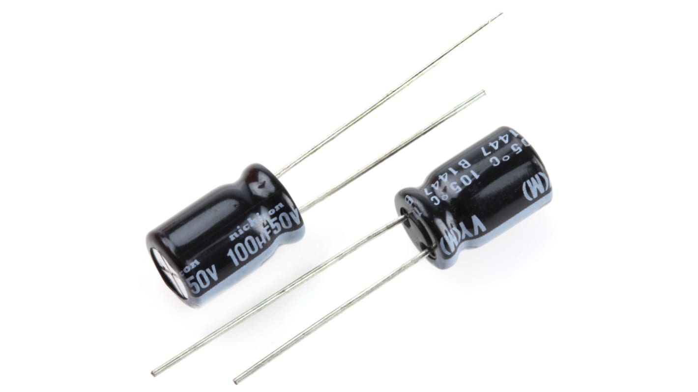 Nichicon VY, THT Aluminium-Elektrolyt Kondensator 100μF ±20% / 50V dc, Ø 8mm x 11.5mm, bis 105°C