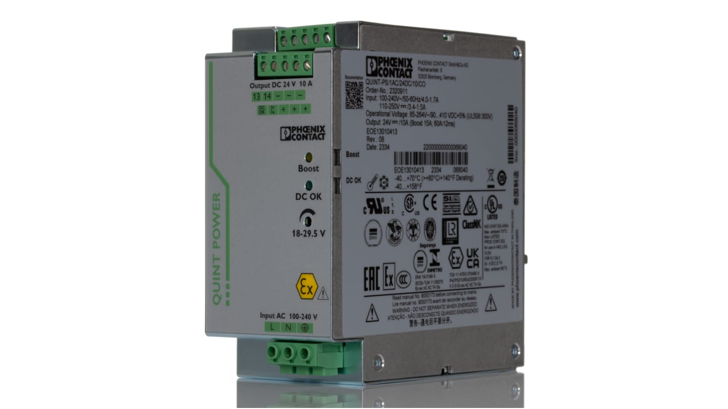 Phoenix Contact QUINT-PS/ 1AC/24DC/10/CO Switched Mode DIN Rail Power Supply, 85 → 264V ac ac Input, 24V dc dc