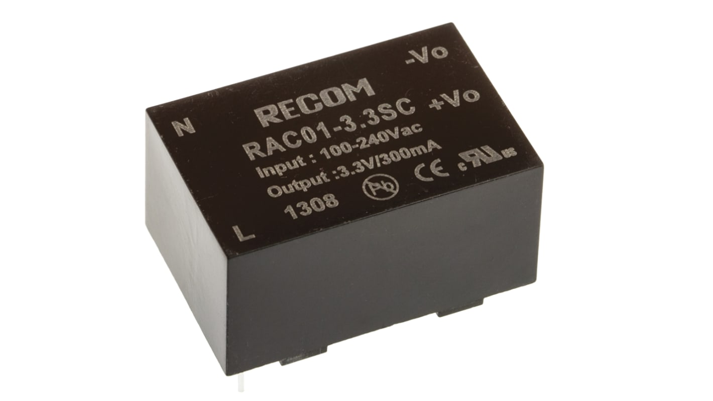 Recom Kapcsolóüzemű tápegység 1 kimenet 1W, 3.3V dc, 300mA NYÁK-lapra szerelhető RAC01-C