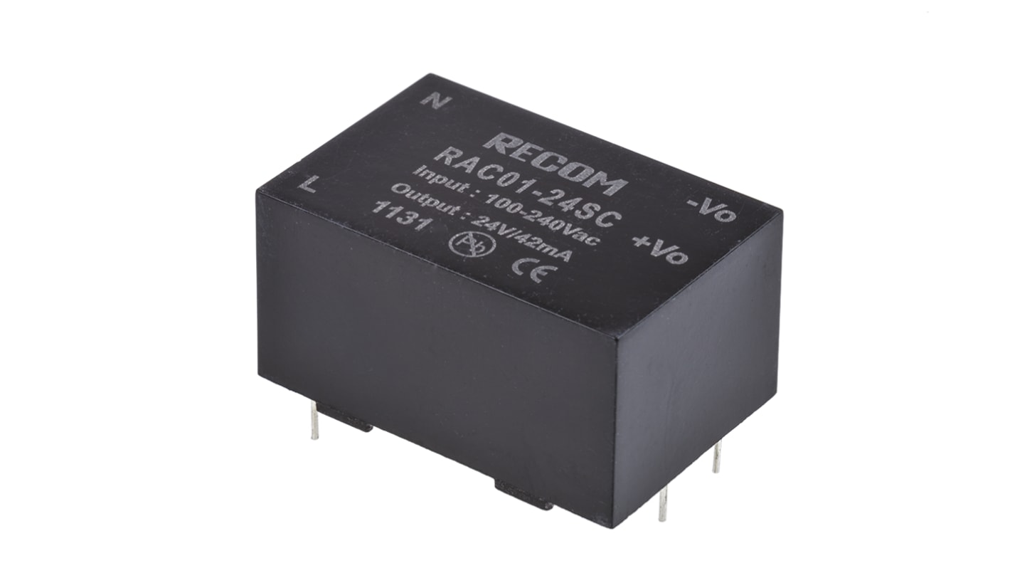 Recom Switching Power Supply, RAC01-24SC, 24V dc, 42mA, 1W, 1 Output, 90 → 277V ac Input Voltage