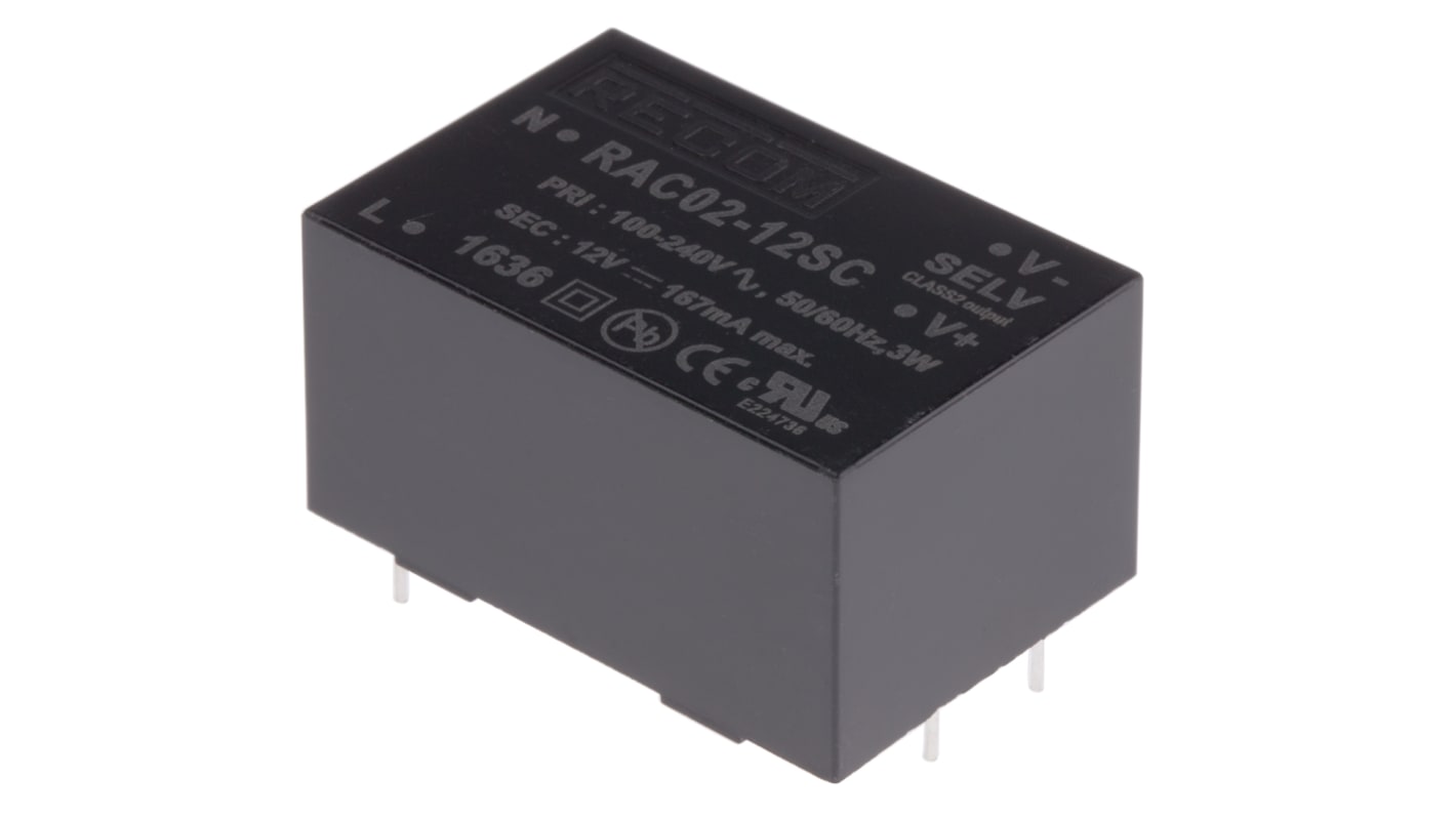 Recom Switching Power Supply, RAC02-12SC, 12V dc, 167mA, 2W, 1 Output, 90 → 277V ac Input Voltage