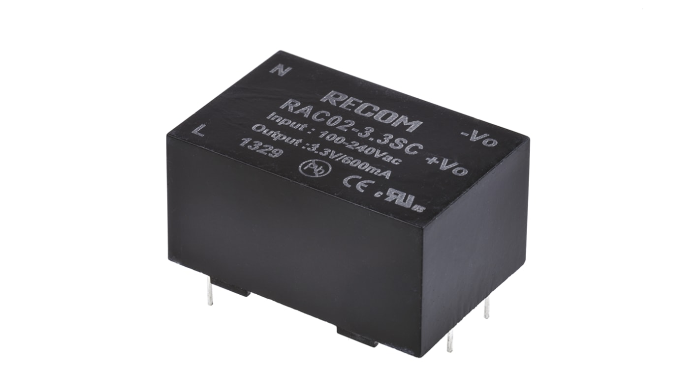 Recom Switching Power Supply, RAC02-3.3SC, 3.3V dc, 600mA, 2W, 1 Output, 90 → 277V ac Input Voltage