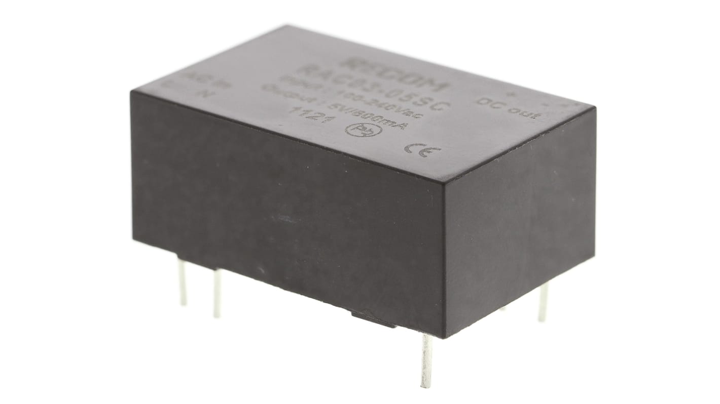 Recom Switching Power Supply, RAC03-05SC, 5V dc, 600mA, 3W, 1 Output, 90 → 264V ac Input Voltage