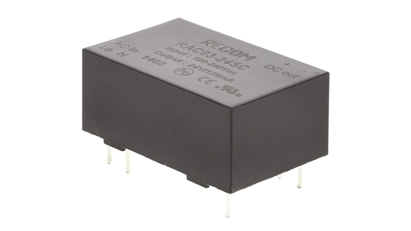 Recom Switching Power Supply, RAC03-24SC, 24V dc, 125mA, 3W, 1 Output, 90 → 264V ac Input Voltage