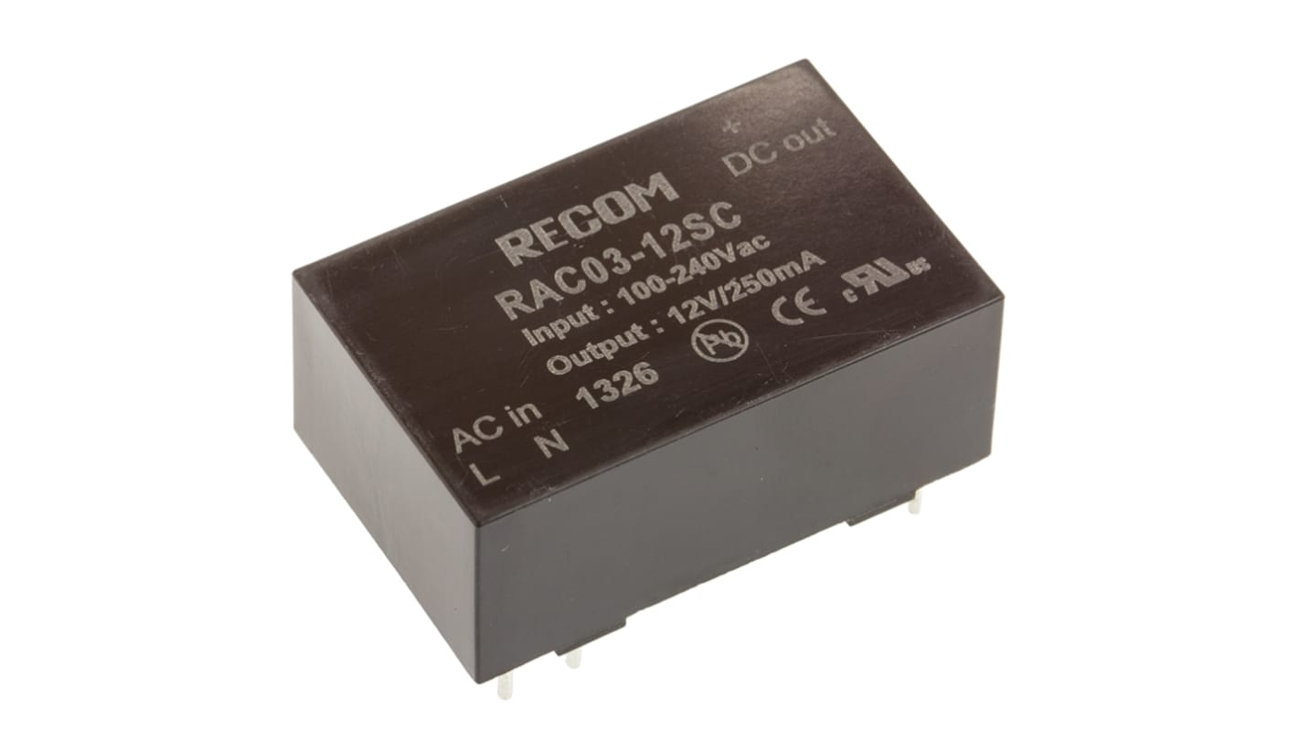 Alimentatore switching Recom RAC03-12SC, 3W, ingresso 90 → 264V ca, uscita 12V cc, 250mA RAC03-C