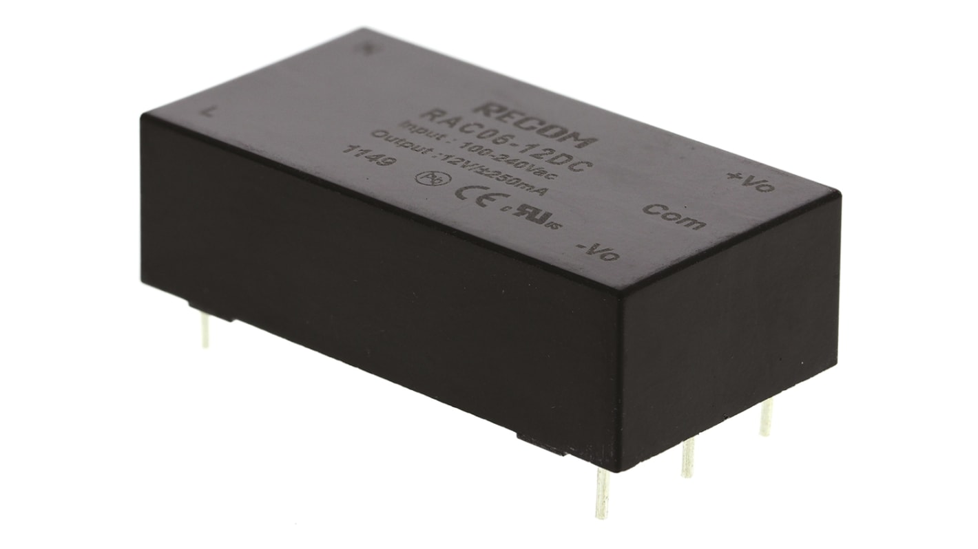 Recom Schaltnetzteil, AUS ±12V dc / ±250mA 2-Kanal 6W, EIN 90 → 264V ac Gekapselt, PCB-Montage