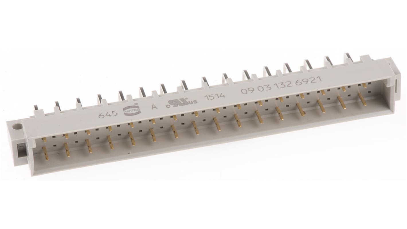 Conector DIN 41612 macho Ángulo de 90° Harting de 32 contactos serie 09 03, paso 2.54mm, 3 filas, clase C2