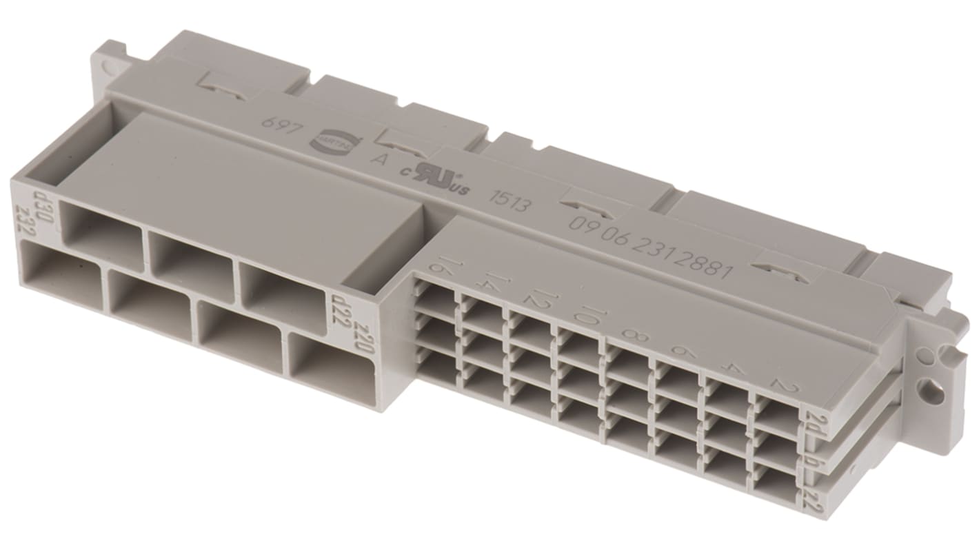 Conector DIN 41612 hembra HARTING de 24 + 7 contactos serie 09 06, paso 3.81 mm, 5.08 mm, 6.5 mm, 10.16 mm, 2 filas