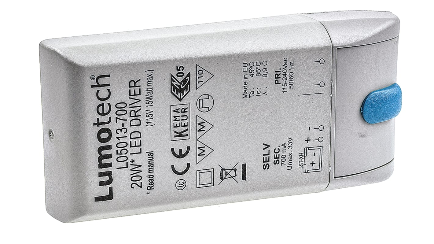 Driver LED corriente constante Lumotech, IN: 115 → 240 V ac, OUT: 3 → 33V, 700mA, 20W, no regulable