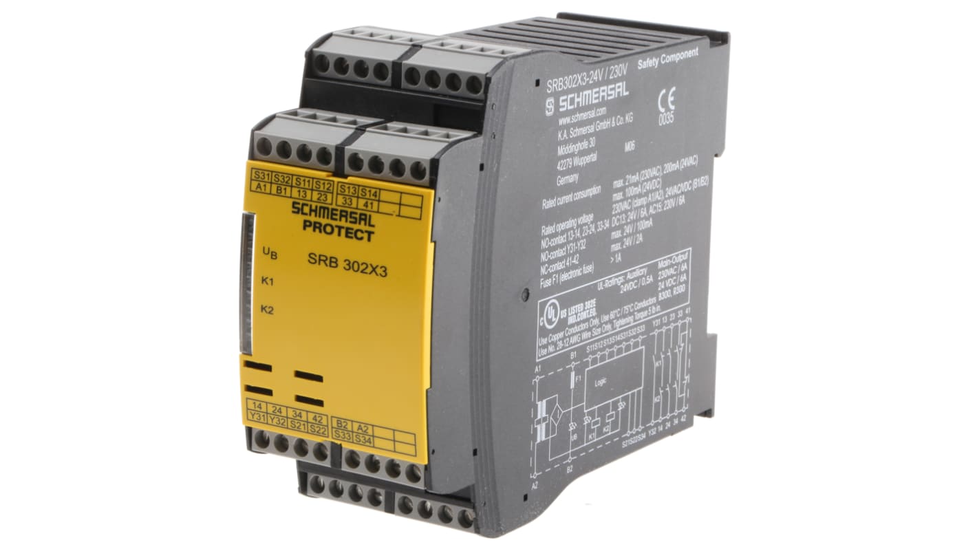 Relè di sicurezza Schmersal SRB 30X3, 24 V ac/dc, 230V ca, 2 canali, 3 contatti di sicurezza