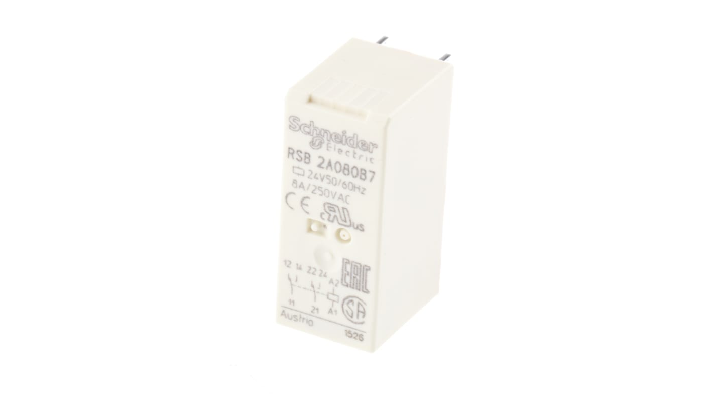 Schneider Electric PCB Mount Power Relay, 24V ac Coil, 8A Switching Current, DPDT