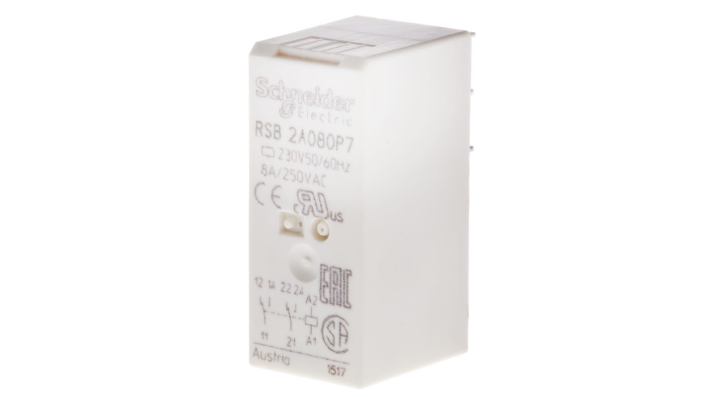 Relè di potenza Schneider Electric serie Harmony Relay RSB, DPDT, bobina 230V ca, Montaggio su circuito stampato