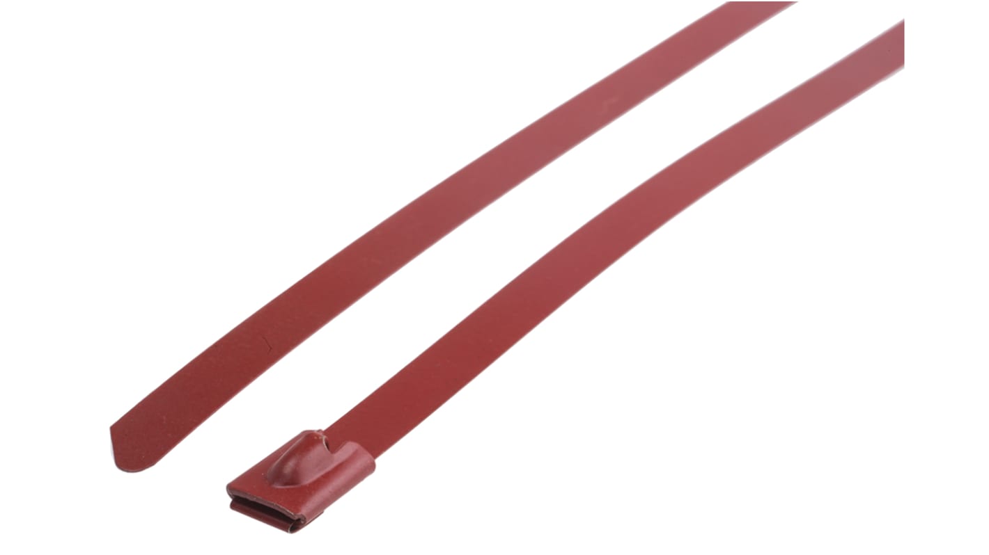 RS PRO Cable Tie, Roller Ball, 200mm x 7.9 mm, Red Polyester Coated Stainless Steel, Pk-100