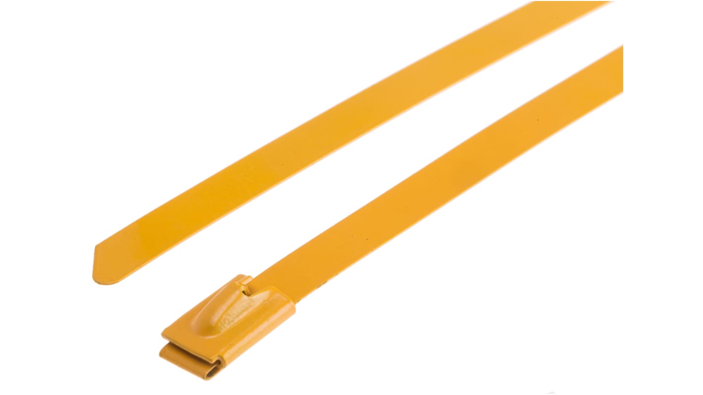 RS PRO Cable Tie, Roller Ball, 360mm x 7.9 mm, Yellow Polyester Coated Stainless Steel, Pk-100