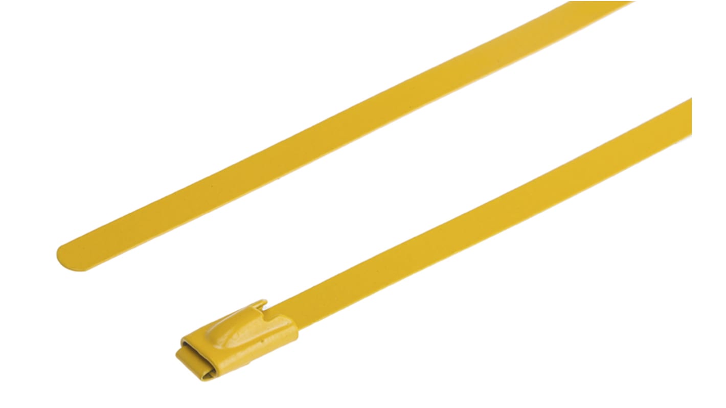 RS PRO Cable Tie, Roller Ball, 360mm x 4.6 mm, Yellow Polyester Coated Stainless Steel, Pk-100