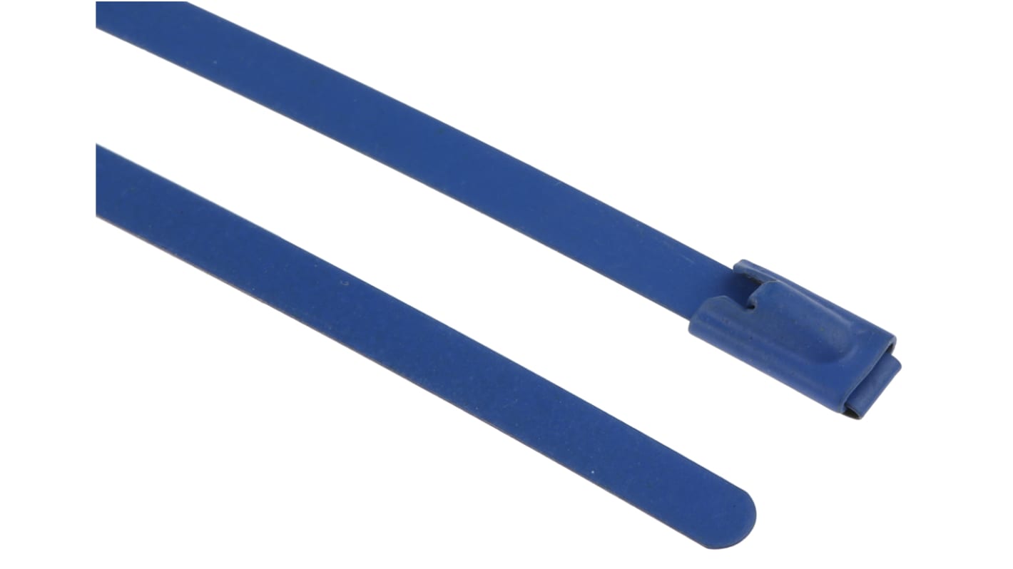 RS PRO Cable Tie, Roller Ball, 100mm x 4.6 mm, Blue Polyester Coated Stainless Steel, Pk-100