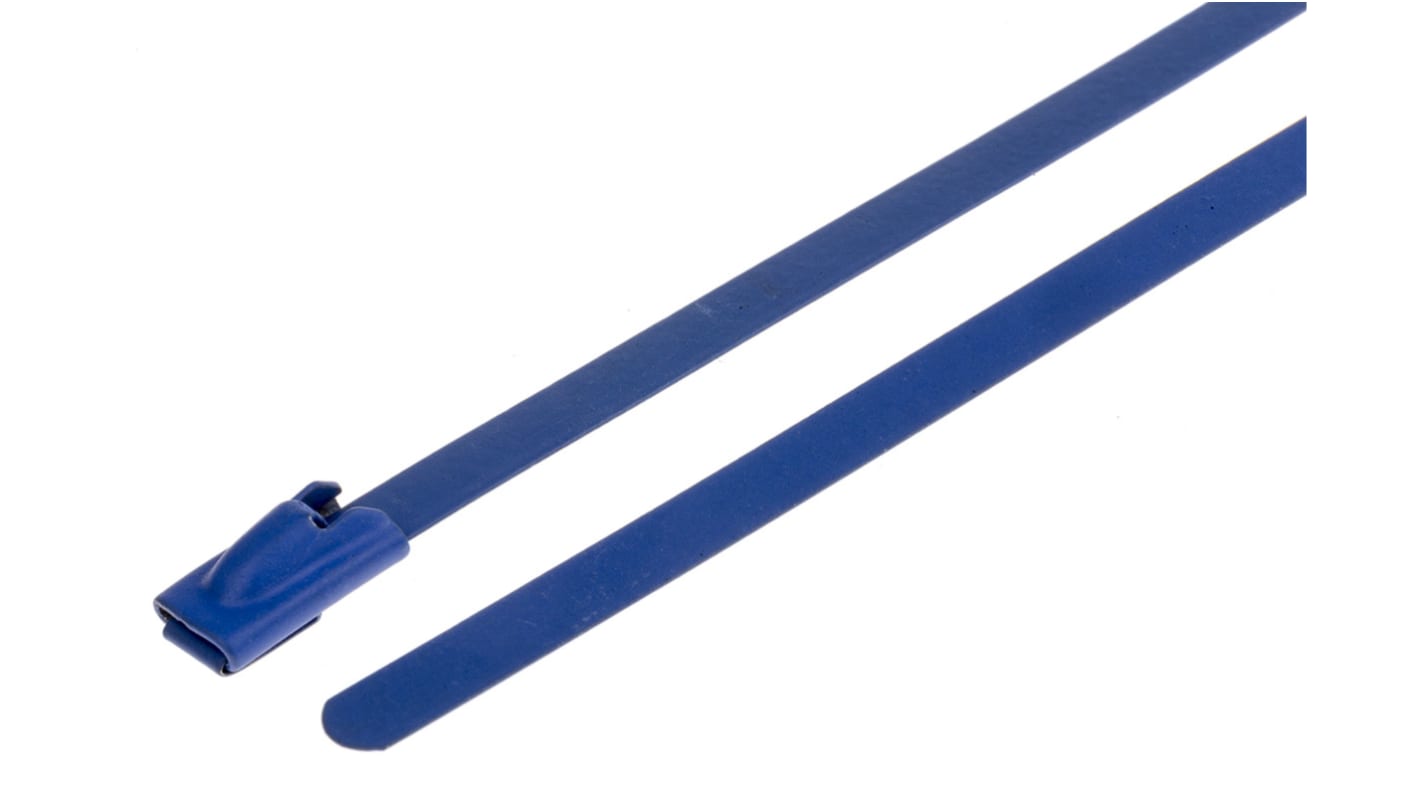 RS PRO Cable Tie, Roller Ball, 360mm x 4.6 mm, Blue Polyester Coated Stainless Steel, Pk-100