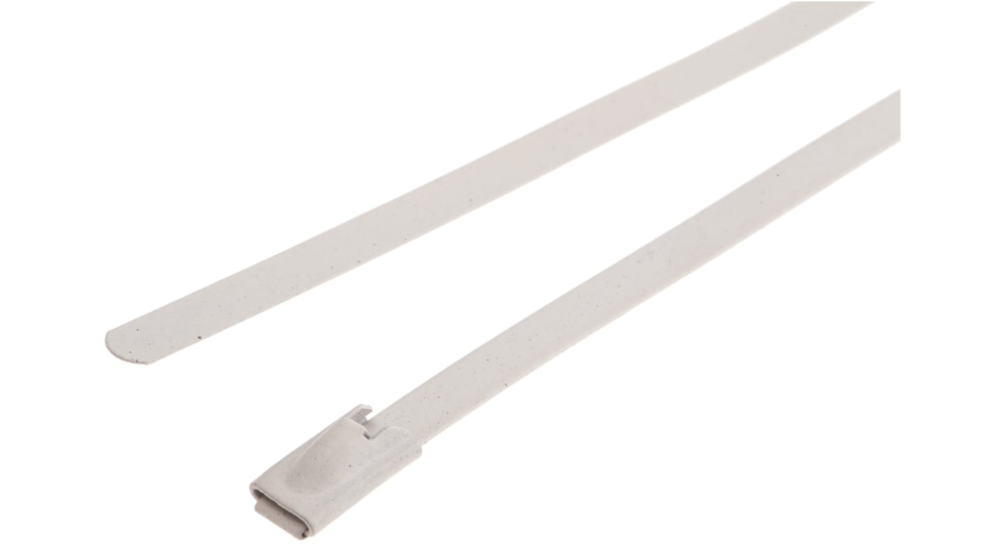 RS PRO Cable Tie, Roller Ball, 150mm x 4.6 mm, White Polyester Coated Stainless Steel, Pk-100