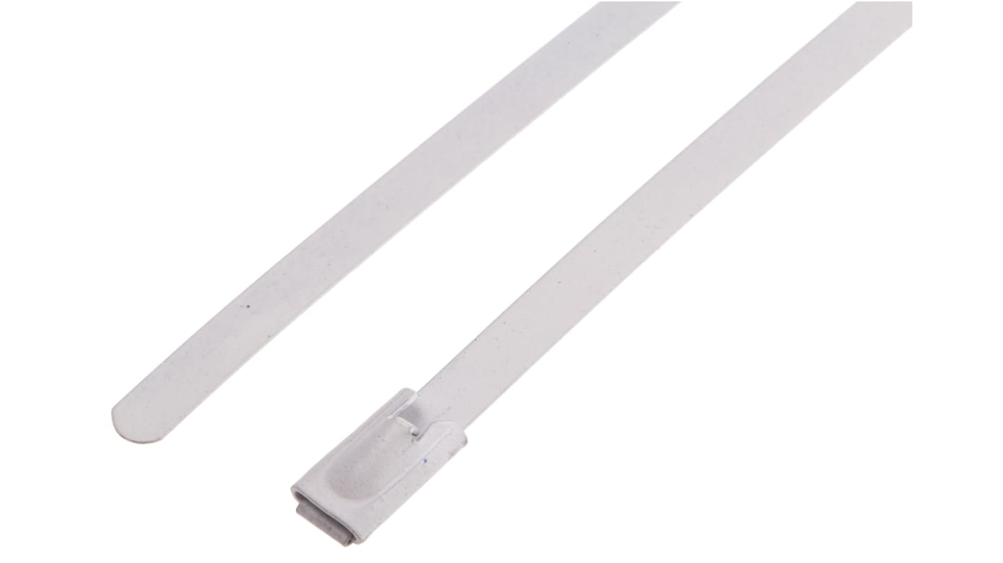 RS PRO Cable Tie, Roller Ball, 360mm x 4.6 mm, White Polyester Coated Stainless Steel, Pk-100