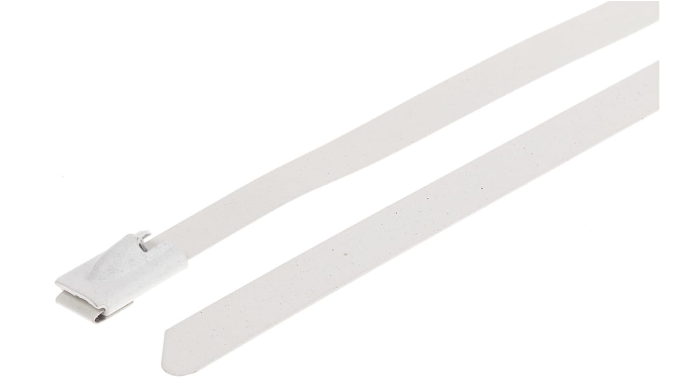 RS PRO Cable Tie, Roller Ball, 360mm x 7.9 mm, White Polyester Coated Stainless Steel, Pk-100