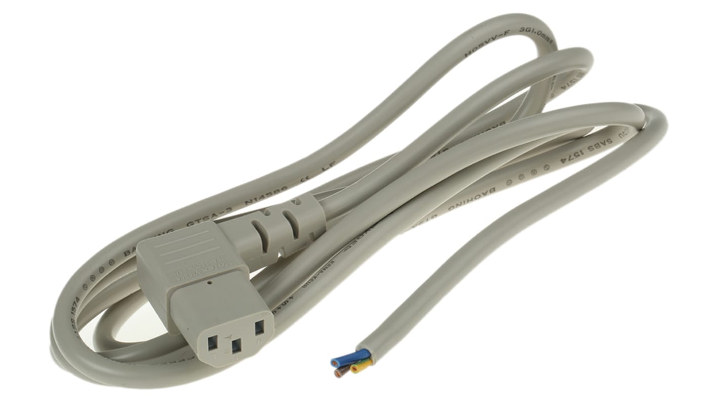 Cable de alimentación RS PRO Gris de 2m, con. A IEC C13, hembra, con. B Sin terminación, hembra, 250 V / 10 A