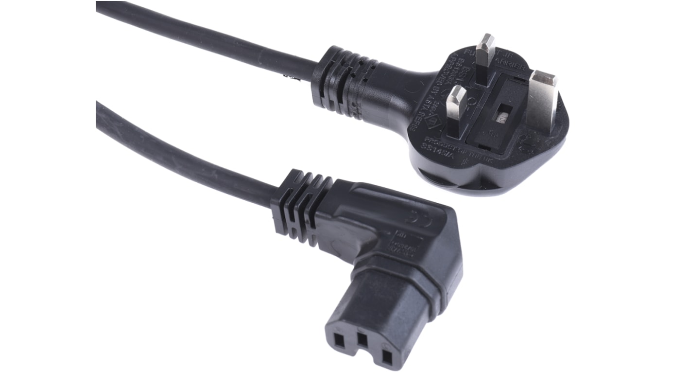 Cable de alimentación RS PRO Negro de 2m, con. A IEC C15, hembra, con. B Conector macho para Reino Unido tipo G, macho