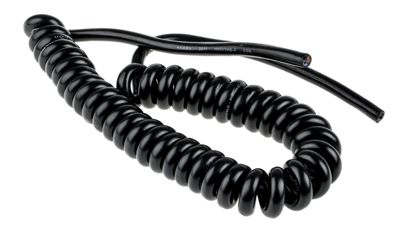 RS PRO 3 Core Power Cable, 1 mm², 1m, Black PVC Sheath, Coiled, 10 A, 300 V