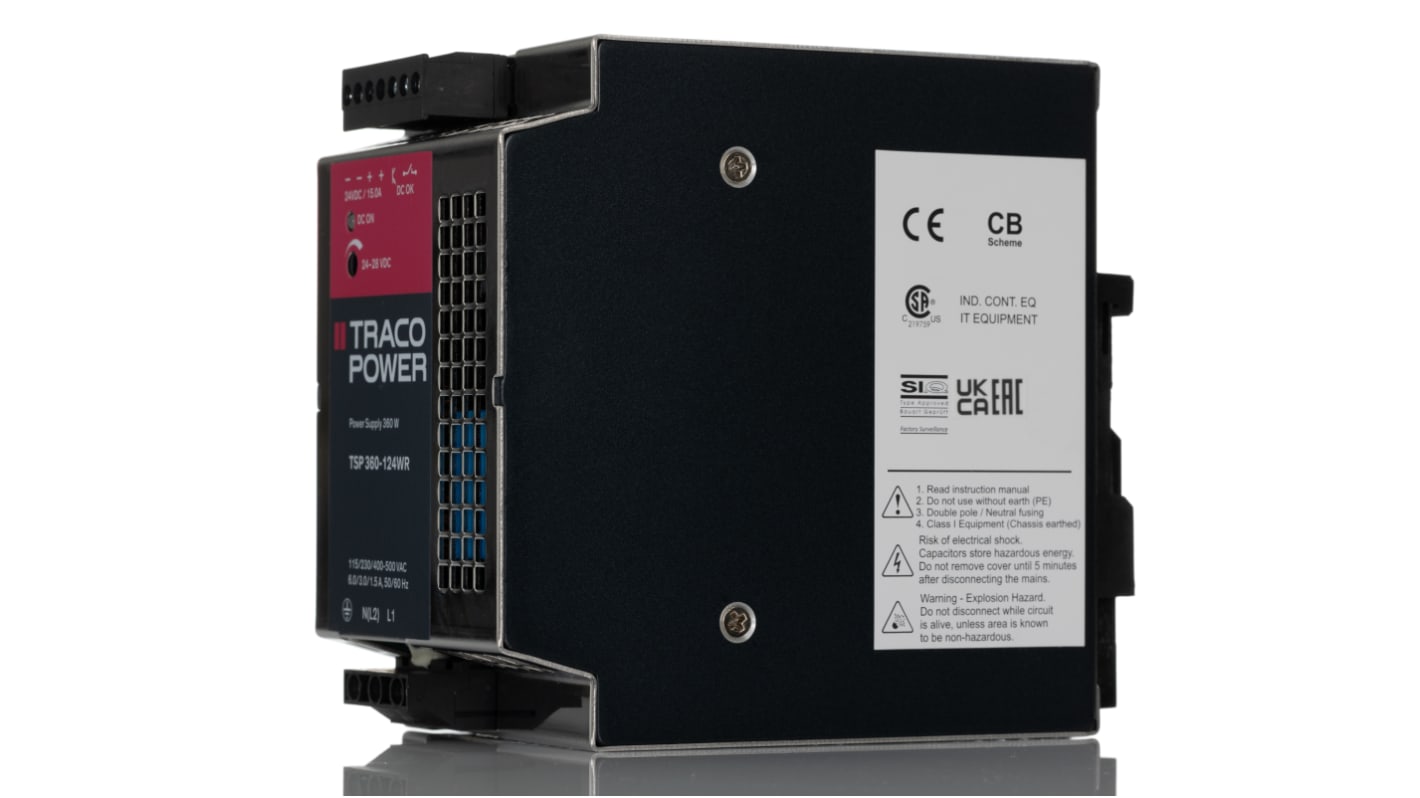 TRACOPOWER TSP-WR Switched Mode DIN Rail Power Supply, 187 → 550V ac ac Input, 24V dc dc Output, 15A Output, 360W