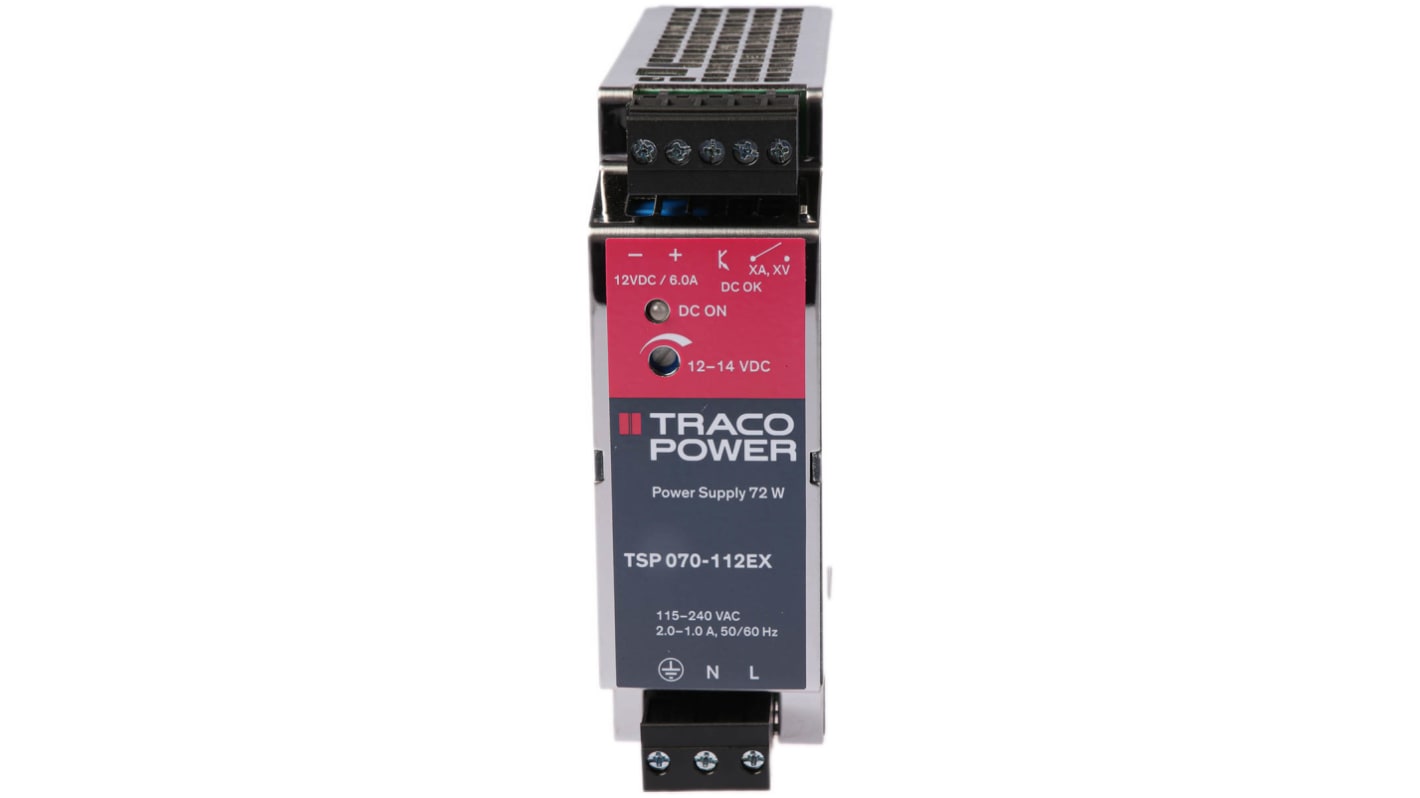 TRACOPOWER TSP Switched Mode DIN Rail Power Supply, 85 → 264V ac ac Input, 12V dc dc Output, 6A Output, 72W