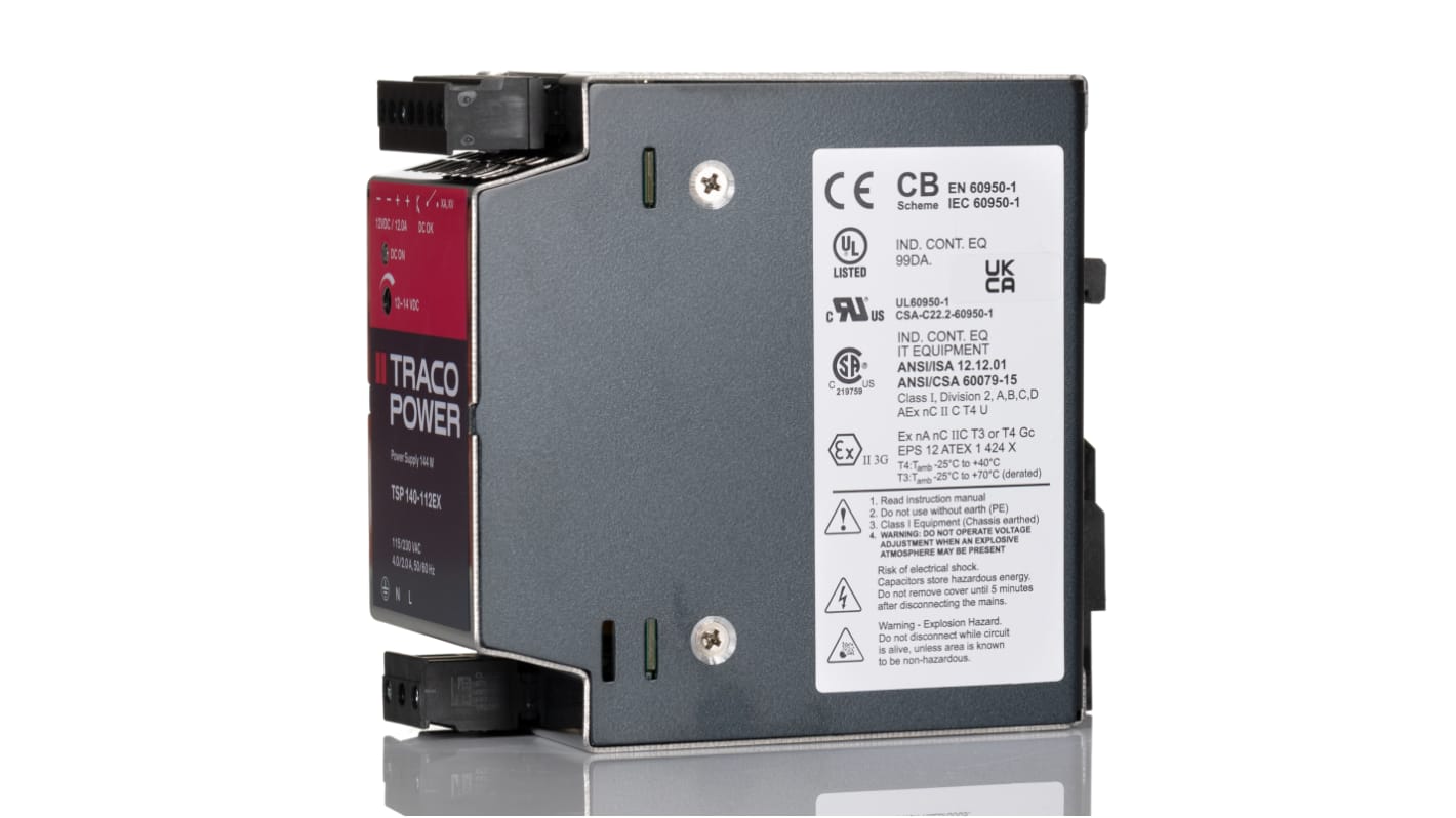 TRACOPOWER TSP Switched Mode DIN Rail Power Supply, 85 → 264V ac ac Input, 12V dc dc Output, 12A Output, 144W