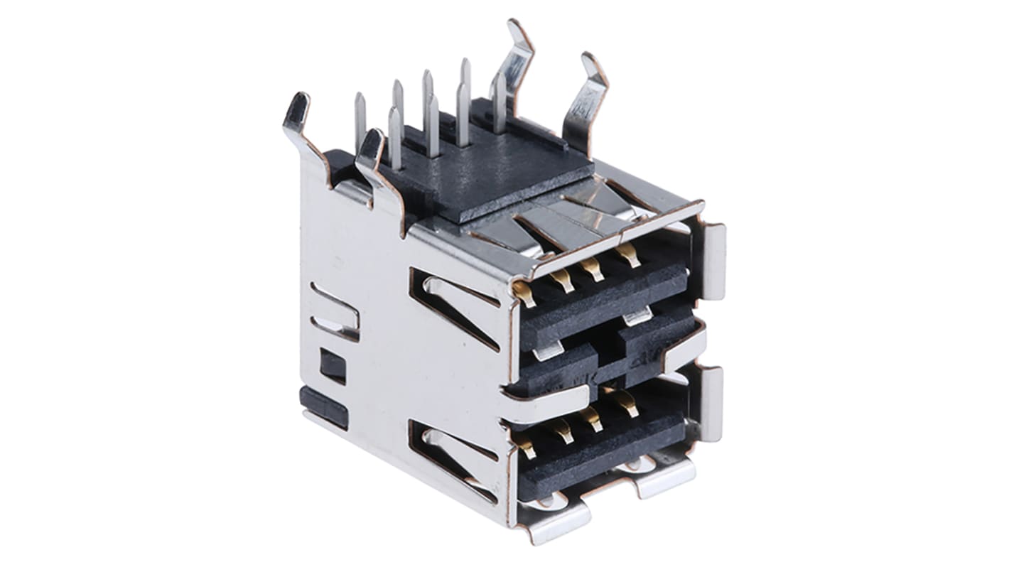 Conector USB TE Connectivity 5787745-4, Hembra, 2 puertos, Ángulo de 90° , Montaje en orificio pasante, Versión 2.0