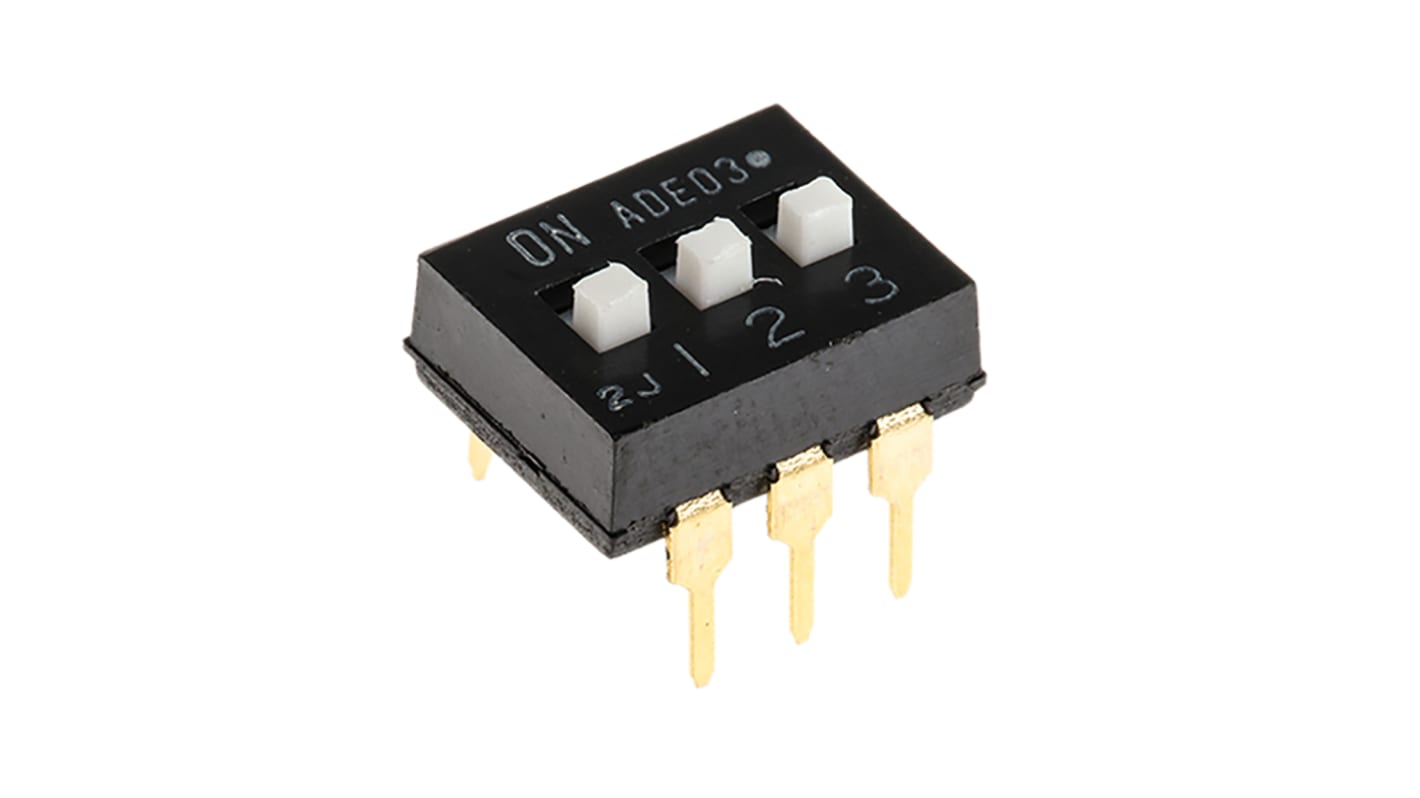 TE Connectivity THT DIP-Schalter Gleiter 3-stellig, 1-poliger Ein/Ausschalter, Kontakte vergoldet 100 mA @ 24 V dc, bis