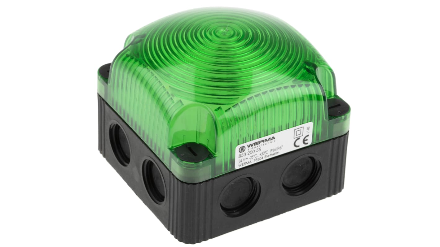 Werma BWM 853 Series Green Steady Beacon, 24 V dc, Surface Mount, Wall Mount, LED Bulb, IP66, IP67